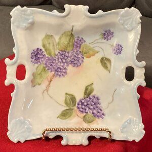 VTG 1977 Handpainted Square China Plate w/Handles-Signed-Purple Florals-8" D-EUC